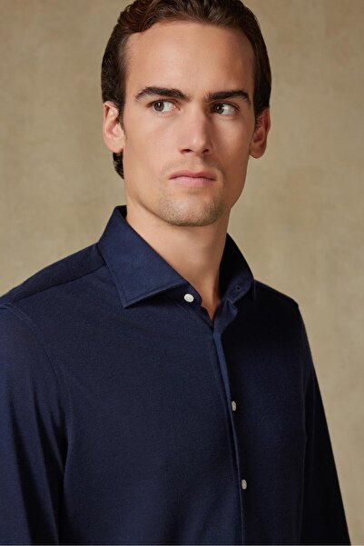 Abbate Lorenzo Jersey Viscose Blended Comfort Fit Navy Blue Classic Collar Men's Plain Shirt