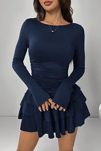 MODAMİNEM Жіноче міні-плаття з довгими рукавами та рюшами
