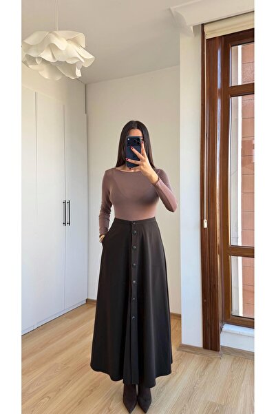 Gaus Acı Kahve Düğmeli Kumaş Etek GAUS-00616