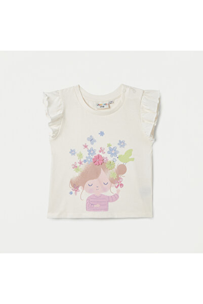 Juniors Graphic Print T-shirt with Crew Neck and Cap Sleeves