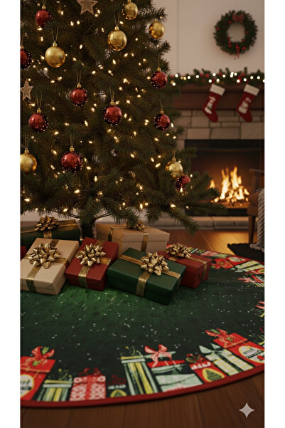 Aden Yılbaşı Ağacı Altı Örtüsü | Yılbaşı Desenli Çam Ağacı Ayak Örtüsü Kaymaz Dot Tabanlı Halı | MIM0359