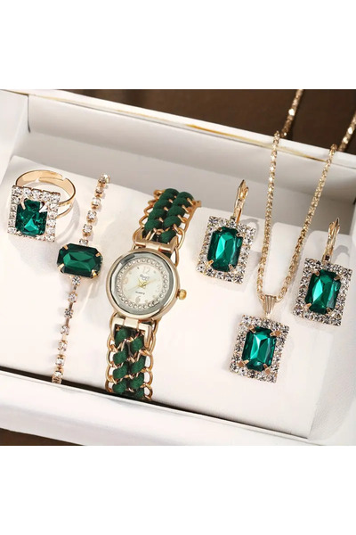 İnci Mercan Bujiteri 6 Parça Lüks Şık Saat ve Takı Seti - Kolye Bileklik -Küpeler - Yüzük - Saat