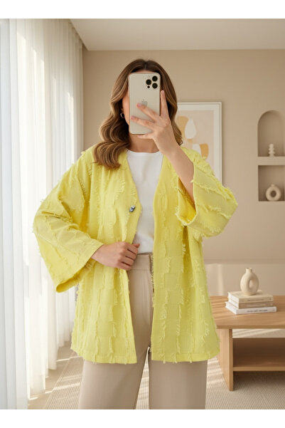 MissRunin Saçaklı Tek Düğmeli Kare Desenli Kimona