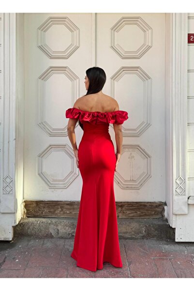Modafeminen Flexible Shiny Satin Collar Pleat Detail Slit Evening Dress 583362 Red