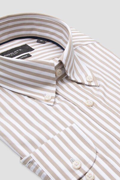 Abbate Carlo Twill Cotton Slim Fit Cream Buttoned Collar Men's Striped Shirt
