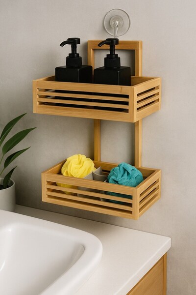 Vichy Ράφι μπάνιου 2 επιπέδων από φυσικό μπαμπού – Οργανωτής με κρεμάστρα και κενό αέρος BR-6703