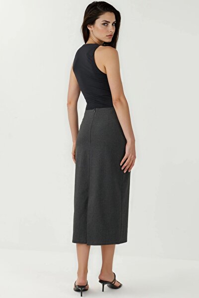 Hiccup Düğmeli Yırtmaç Detaylı Yüksek Bel Maxi Kalem Etek