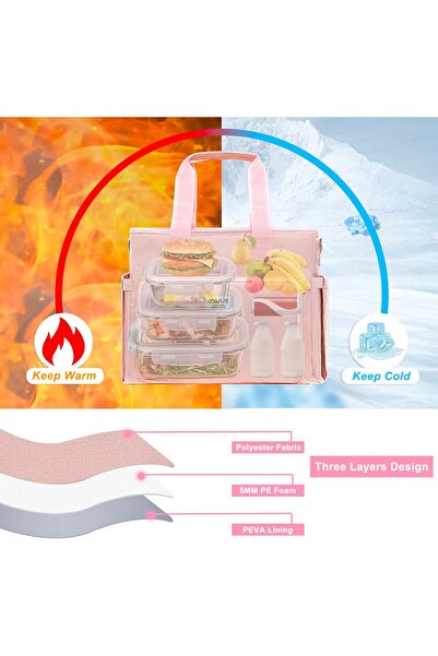 Mosiso Insulated Lunch Bag, Cooler Bag with Front Pocket & Adjustable Shoulder Strap, Pink