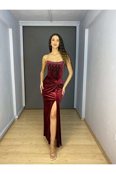 gökkuşagı moda Bordo Kadife Straplez Likralı Üst İnci Taş Detaylı Yırtmaçlı U...