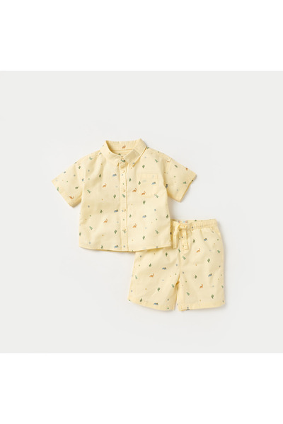 Juniors Dinosaur Print Collared Shirt and Elasticated Shorts Set