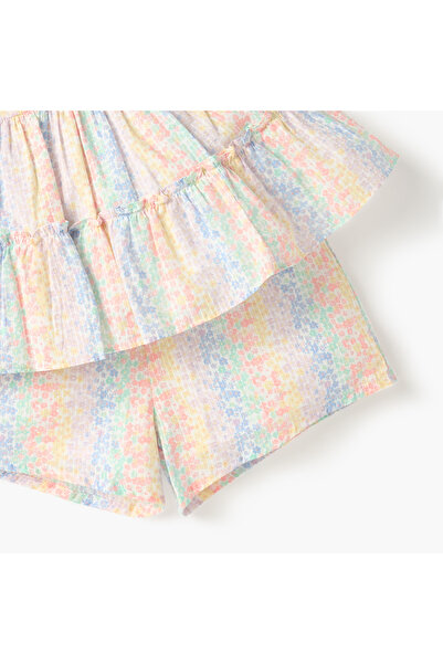 Juniors All-Over Floral Print Tiered Sleeveless Top and Shorts Set