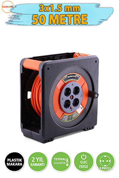 Badem10 Makaralı CCA Uzatma Kablosu 50 Metre 3x1.5 mm 4 Prizli Termal Sigorta...