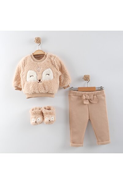 BİSCOİ Babybiscoi Minik Ceyla Panduflu Embroidered Lamb Welsoft Triple Set with Bow