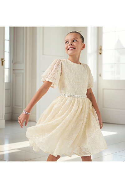 ELIGO فستان مزين على شكل حرف A بأكمام واسعة وحزام ربط