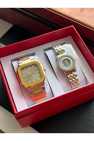 catera Men's and women's watch set, silver and gold steel, gray dial