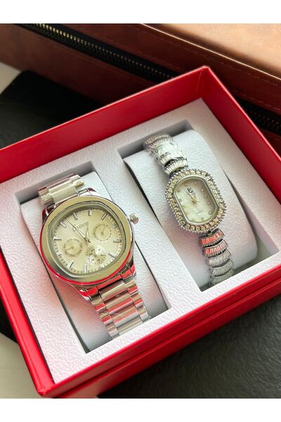 catera Men's and women's watch set, silver steel, white dial