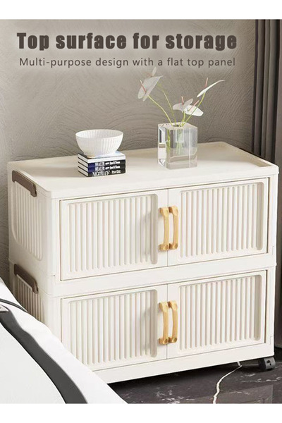 Generic 5-Tier Foldable Plastic Storage Cabinet with Handles, Magnetic Double Doors & Wheels, 60cm Wide