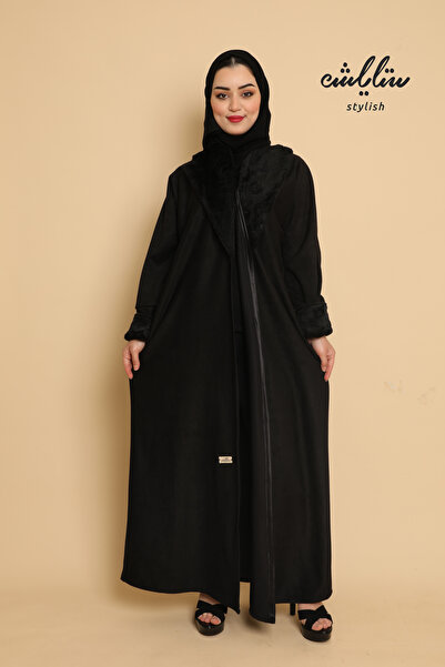 Stylish عباية شتوية لف باللون الأسود مزينة بالفرو