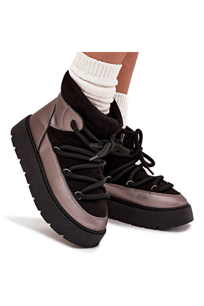 BOTO Bocanci De Zăpadă Femei Drepți Izolați Cu Blană Cu Șireturi Groase Negri...