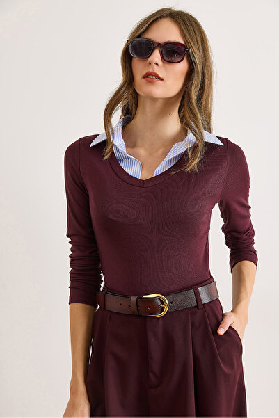 Olalook Women's Burgundy Striped Shirt Collar Soft Textured Blouse Blz-19003127