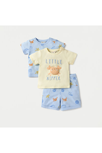 Juniors طقم تي شيرت وشورت بطبعة حيوانات تحت الماء من 3 قطع