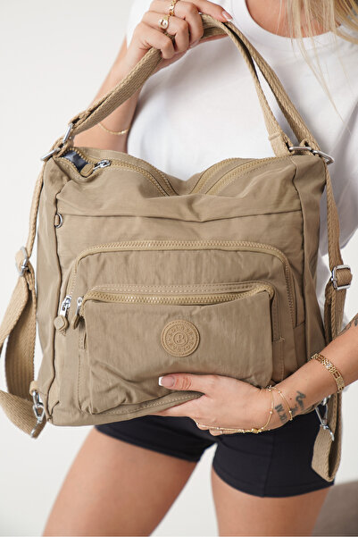 Solo Bag Women's Tan Multi-Compartment Waterproof Crinkle Casual Backpack Crossbody Hand and Shoulder Bag