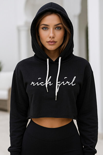 Rich Women's Printed 100% Cotton Hooded Long Sleeve Crop Sweatshirt