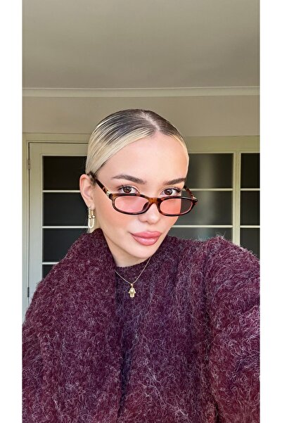 TomyHelf Retro Pembe Camlı Kadın Gözlük UV400 Korumalı Kahverengi Slim Dikdör...