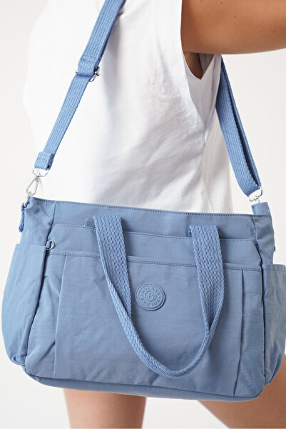 Solo Bag Kadın Mavi Çok Gözlü Su Geçirmez Krinkıl Günlük Çapraz El ve Omuz Çantası