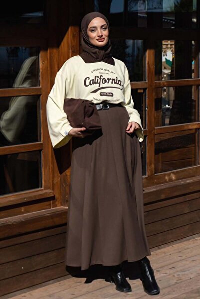 Ceylan Otantik Butter Yellow California Printed 3-Piece Body & Bitter Brown Polyviscon College Skirt Set