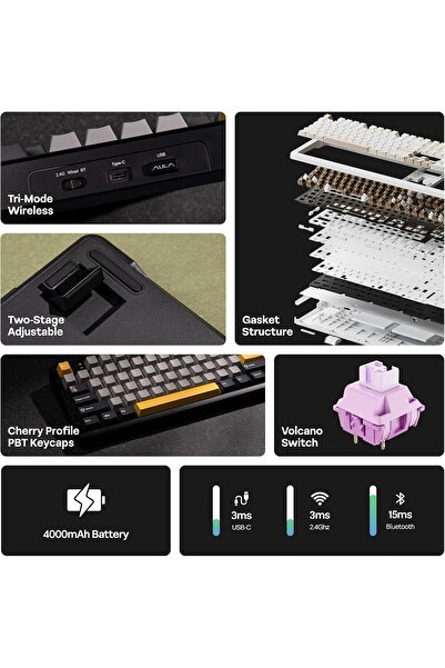 Epomaker Aula F108 Full-Size Wireless Mechanical Gaming Keyboard (Grey & Yellow)