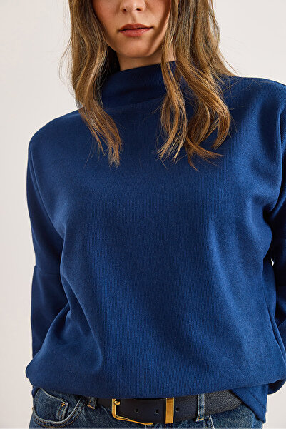 Olalook Women's Cobalt Blue Mock Neck Corded Fabric Thessaloniki Blouse Blz-19003137