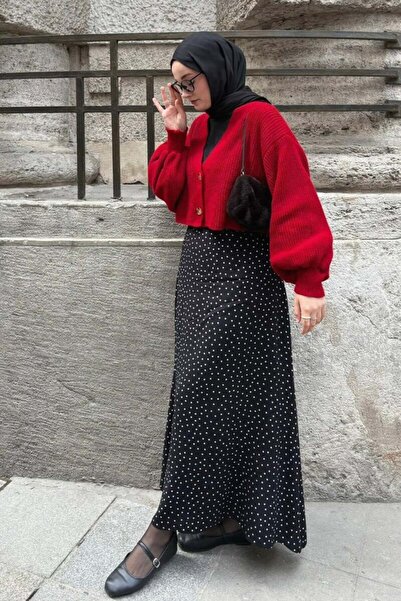 Ceylan Otantik Red Balloon Sleeve Knit Cardigan & Black Polka Dot Detailed Skirt Set