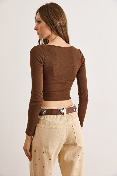 Olalook Γυναικεία φούστα με λεπτομέρεια από δαντέλα σε καφέ πικρό χρώμα Οβάλ ελαστική μπλούζα BLZ-19002872