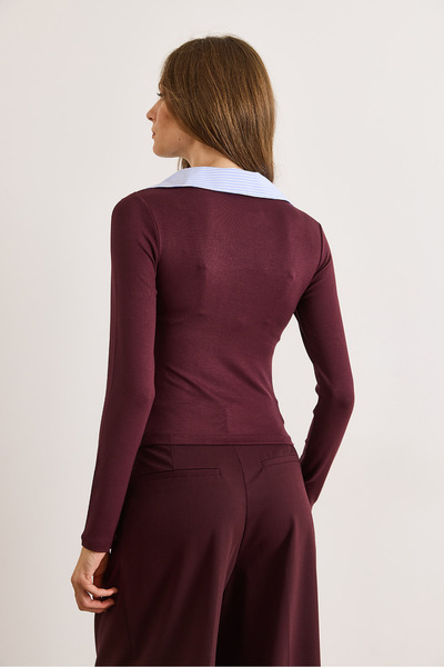 Olalook Women's Burgundy Striped Shirt Collar Soft Textured Blouse Blz-19003127