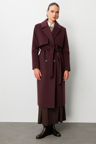 Mizalle Yünlü Kaşe Dokulu Mürdüm Rengi Uzun Trençkot Kaban