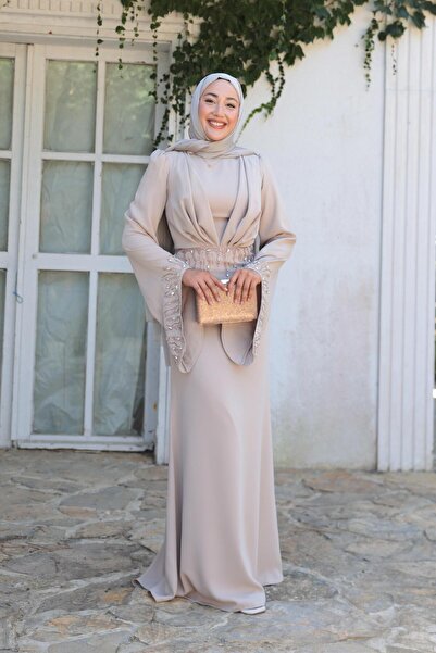 Hülya Keser Şakayık Taş Detay Abiye - Bej