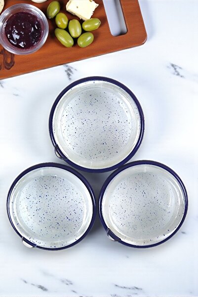 İnci Emaye 3 Piece Medium Size, with Lid, Patterned Enamel Breakfast Set, Presentation, Breakfast Plate, Jam Bowl, Olive