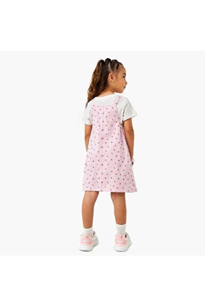 Juniors Floral Print Pinafore Dress and T-shirt Set
