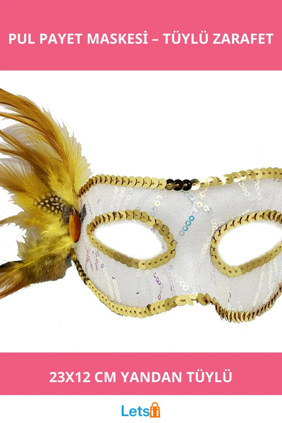 Letsii Gold Side Feathered Sequin Party Mask