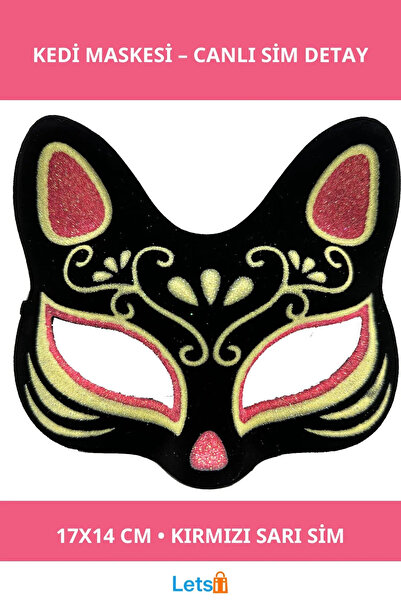 Letsii قناع قطة أسود من جلد الغزال باللون الأحمر والأصفر اللامع