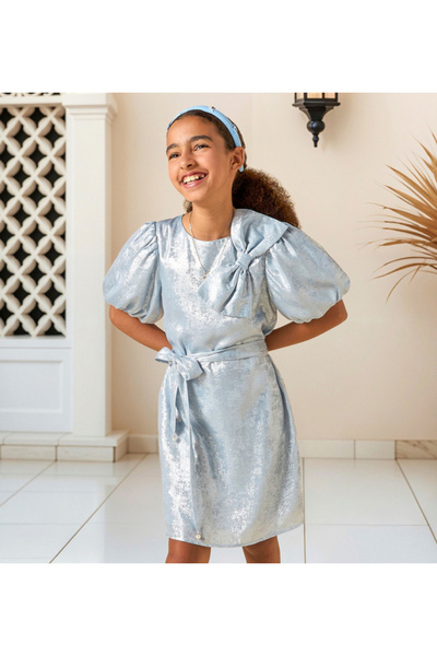 Juniors Textured A-line Dress with Round Neck and Short Sleeves