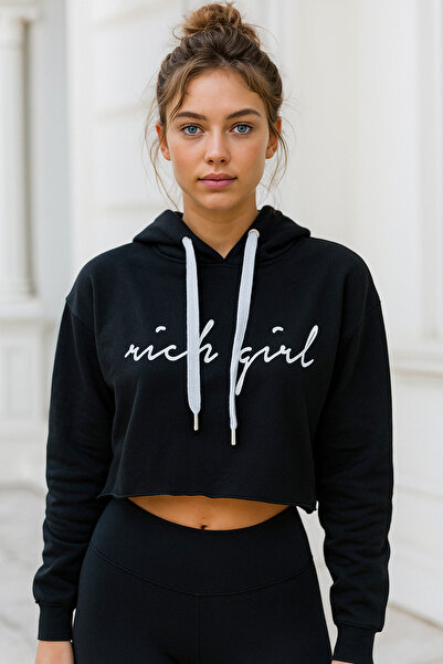 Rich Women's Printed 100% Cotton Hooded Long Sleeve Crop Sweatshirt