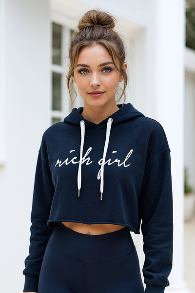 Rich Women's Printed 100% Cotton Hooded Long Sleeve Crop Sweatshirt