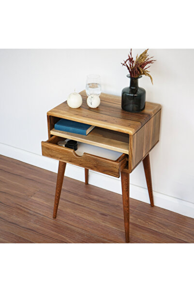 vornom Yatak Odası Raflı ve Çekmeceli Ahşap Ceviz Komodin, Ev Mobilyası