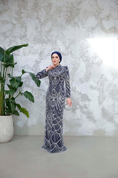 Hülya Keser Lavinya Tesettür Detaylı Abiye - Lacivert