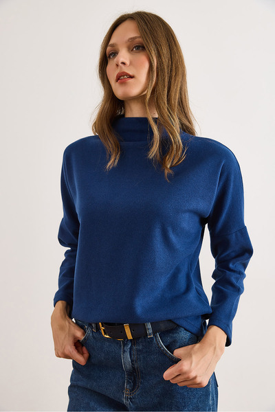 Olalook Women's Cobalt Blue Mock Neck Corded Fabric Thessaloniki Blouse Blz-19003137