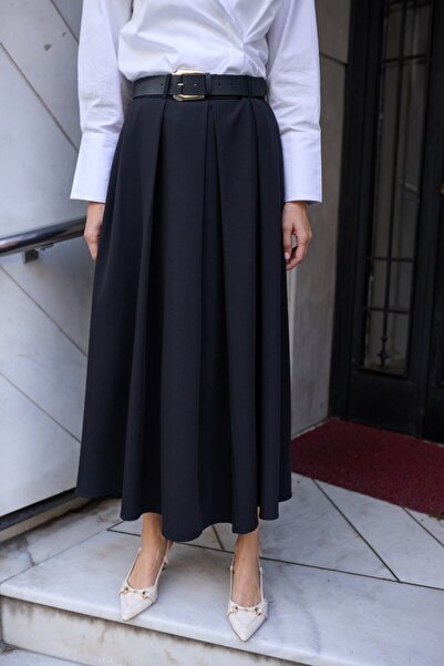 ossons Long Flared Skirt with Belt Detail