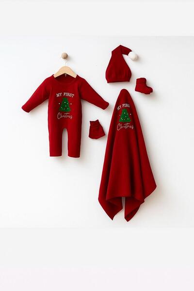 Fox Life Kids Baby Newborn Christmas New Year Concept 5 Piece Set with Tree Embroidery