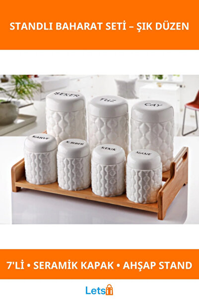 Letsii Şık Ahşap Standlı Beyaz Seramik Kapaklı 7 Adet Baharatlık Takımı